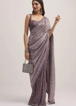 Mauve Half AndHalf Sequins Embroidered Saree