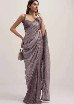 Mauve Half AndHalf Sequins Embroidered Saree