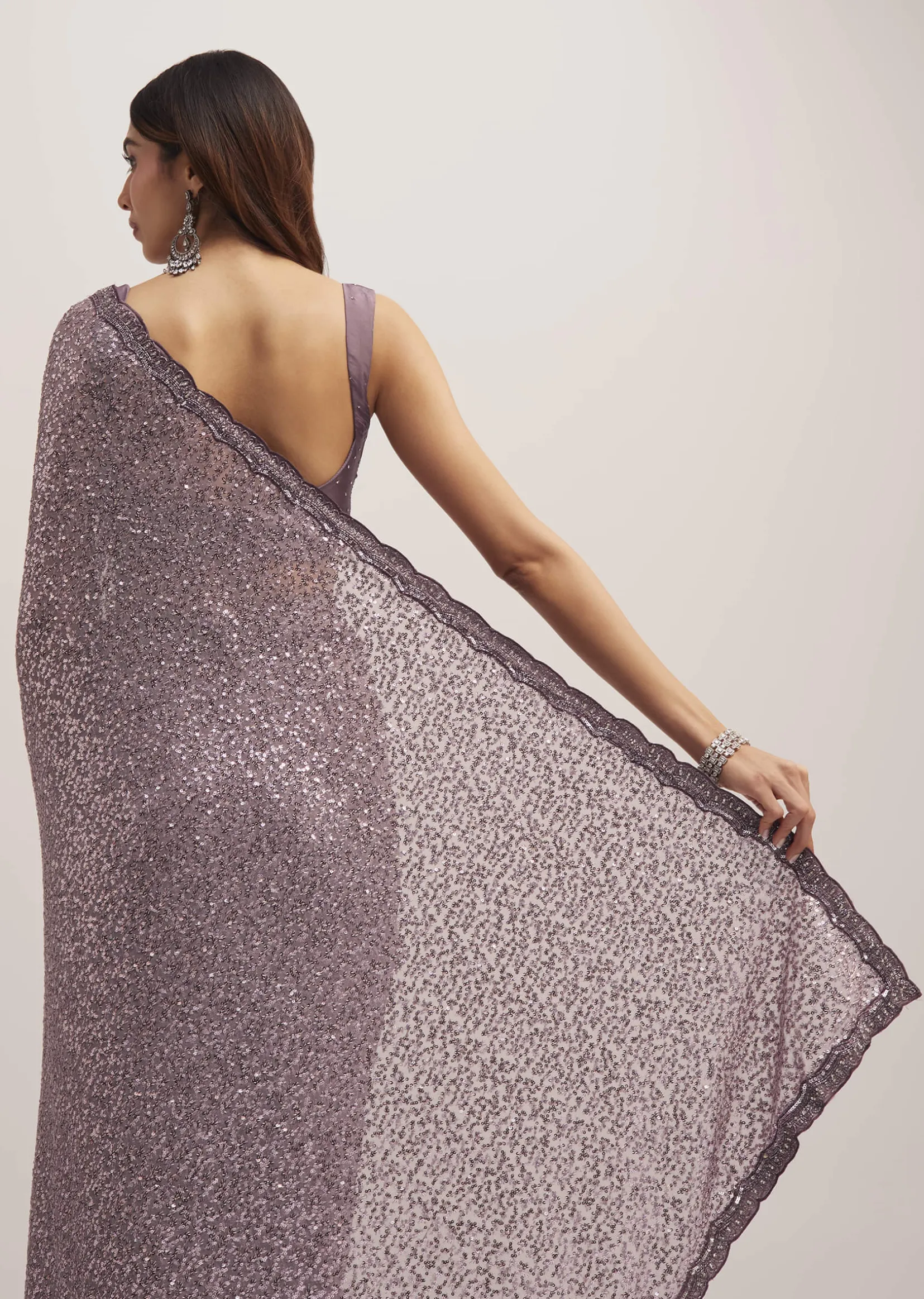Mauve Half AndHalf Sequins Embroidered Saree