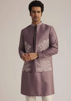 Mauve Kurta Pant Set With Embroidered Nehru Jacket
