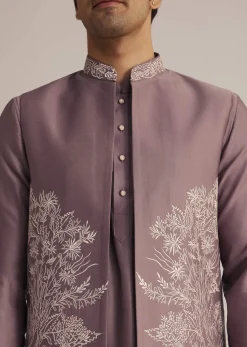 Mauve Kurta Pant Set With Embroidered Nehru Jacket