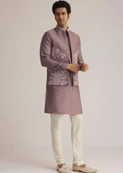 Mauve Kurta Pant Set With Embroidered Nehru Jacket