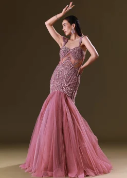 Mauve Mermaid Fit Gown With Tassel Detailing And Gathering At Bottom