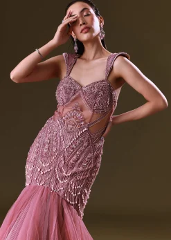 Mauve Mermaid Fit Gown With Tassel Detailing And Gathering At Bottom