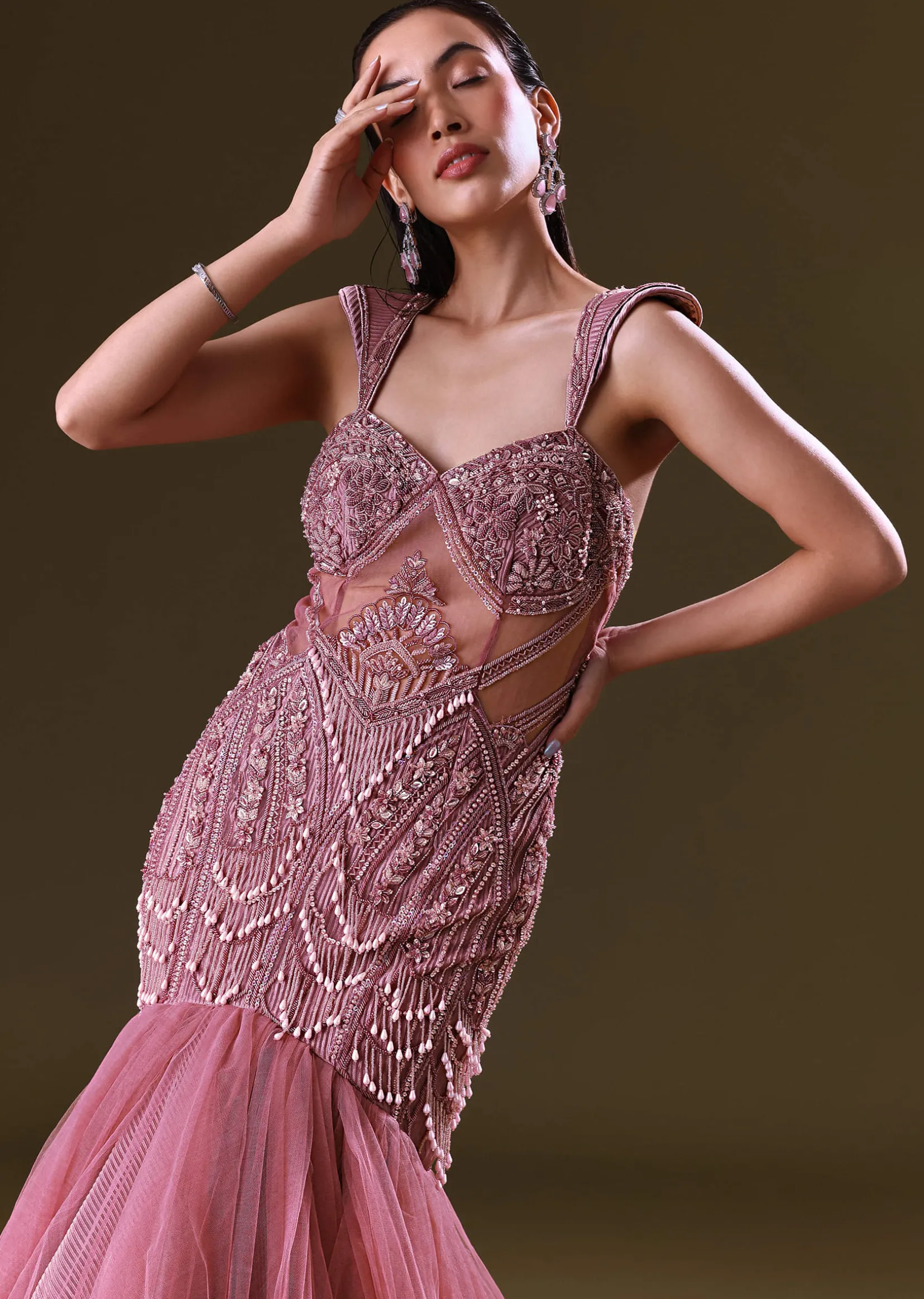 Mauve Mermaid Fit Gown With Tassel Detailing And Gathering At Bottom