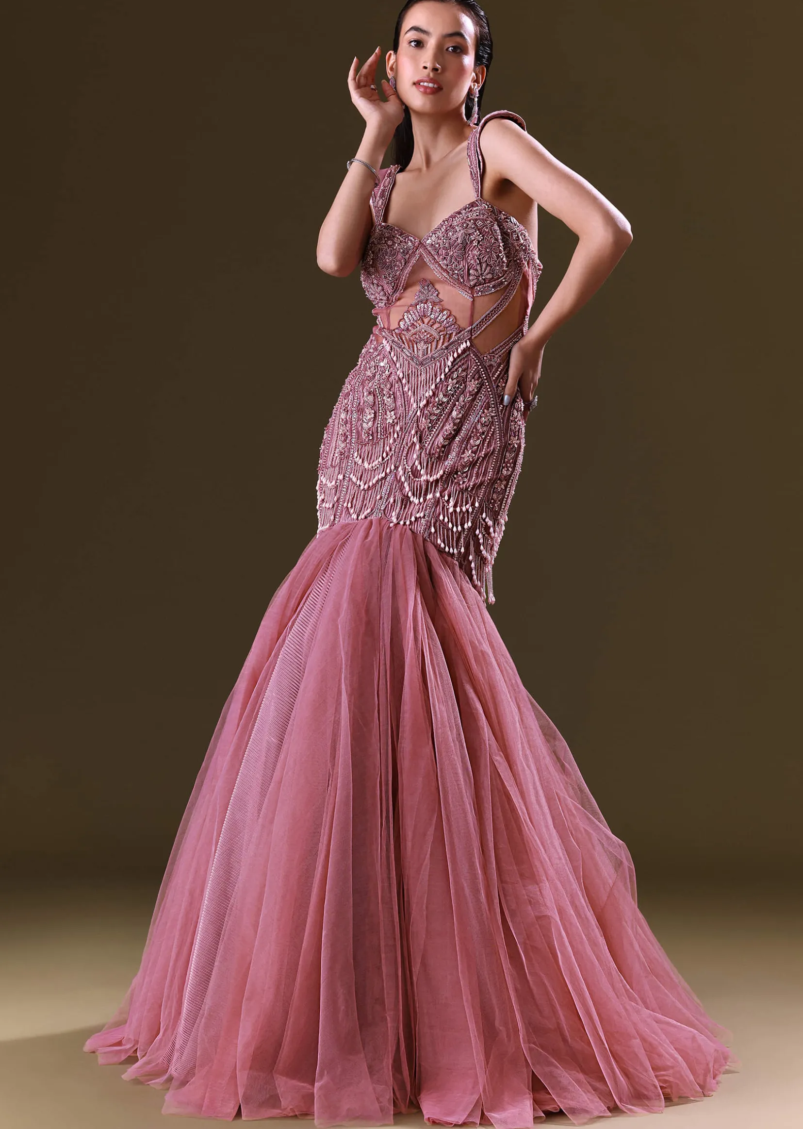 Mauve Mermaid Fit Gown With Tassel Detailing And Gathering At Bottom