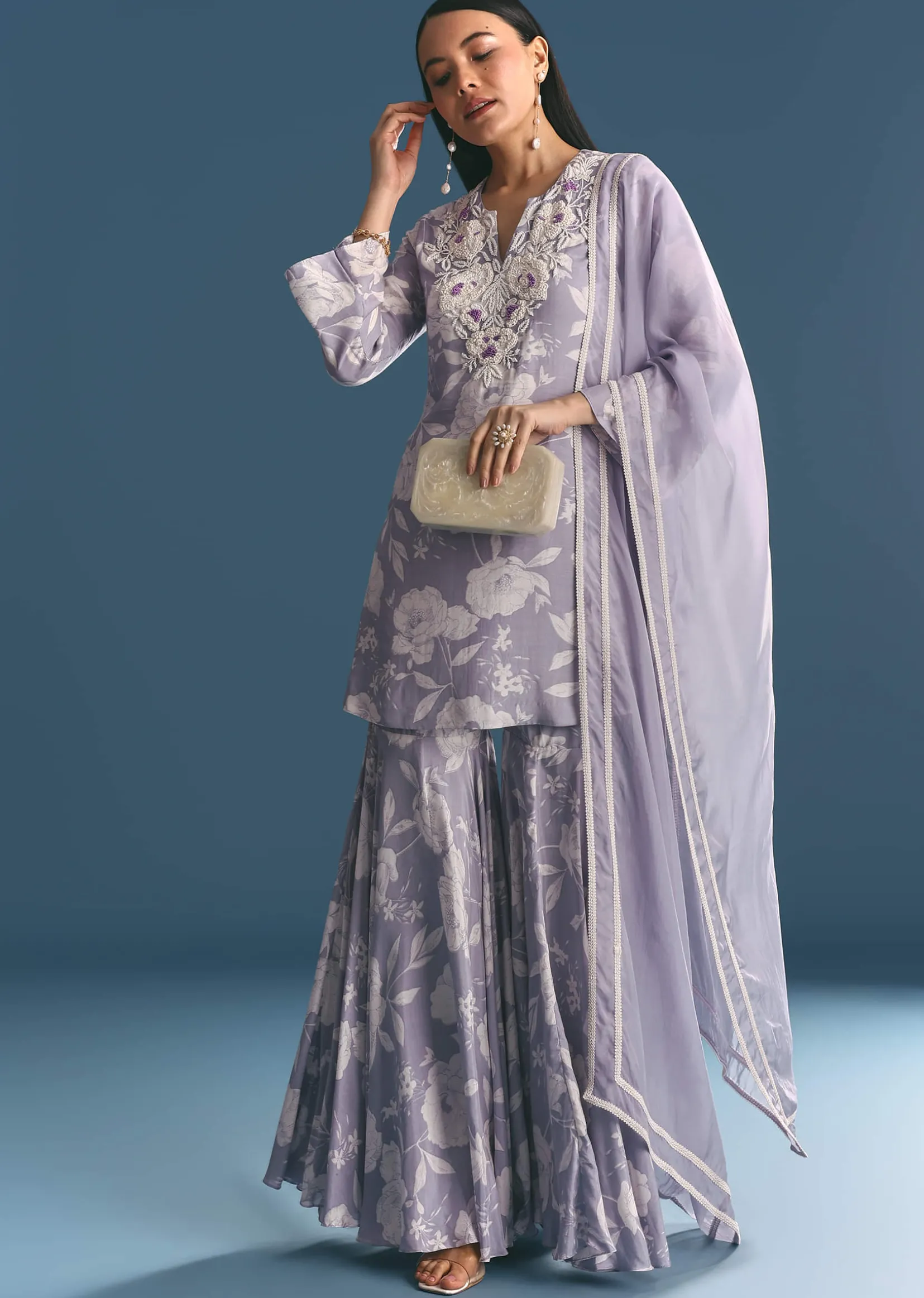 Mauve Muslin Floral Print Kurta Sharara Suit With Moti Cutdana Work