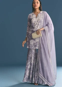 Mauve Muslin Floral Print Kurta Sharara Suit With Moti Cutdana Work