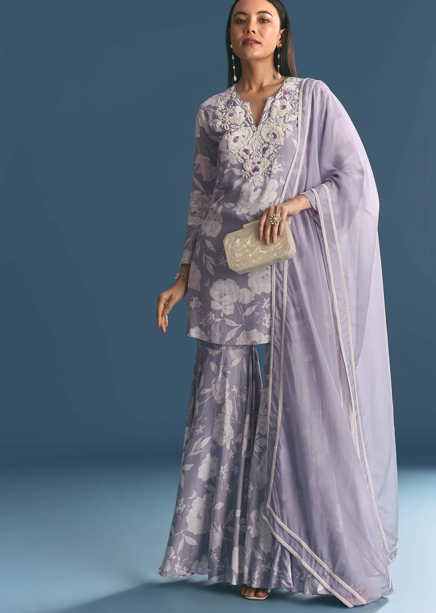 Mauve Muslin Floral Print Kurta Sharara Suit With Moti Cutdana Work