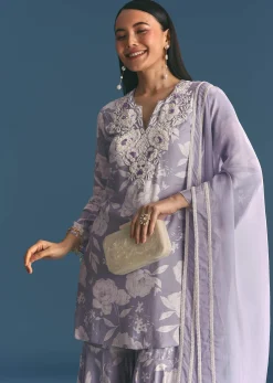 Mauve Muslin Floral Print Kurta Sharara Suit With Moti Cutdana Work