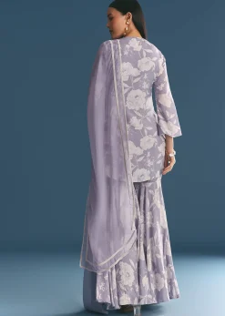 Mauve Muslin Floral Print Kurta Sharara Suit With Moti Cutdana Work