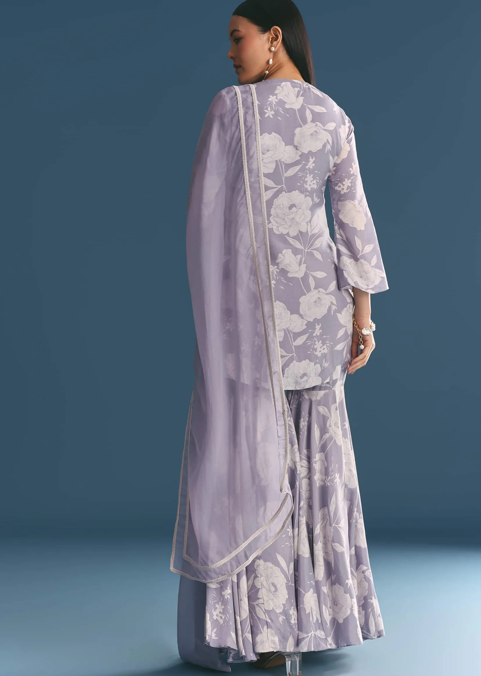 Mauve Muslin Floral Print Kurta Sharara Suit With Moti Cutdana Work