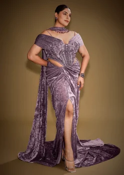 Mauve Off Shoulder Velvet Gown With Keyhole Detail And Embroidered Choker