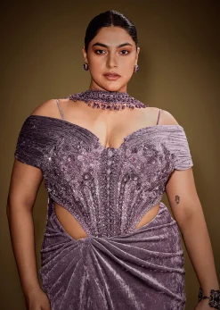 Mauve Off Shoulder Velvet Gown With Keyhole Detail And Embroidered Choker