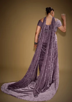 Mauve Off Shoulder Velvet Gown With Keyhole Detail And Embroidered Choker