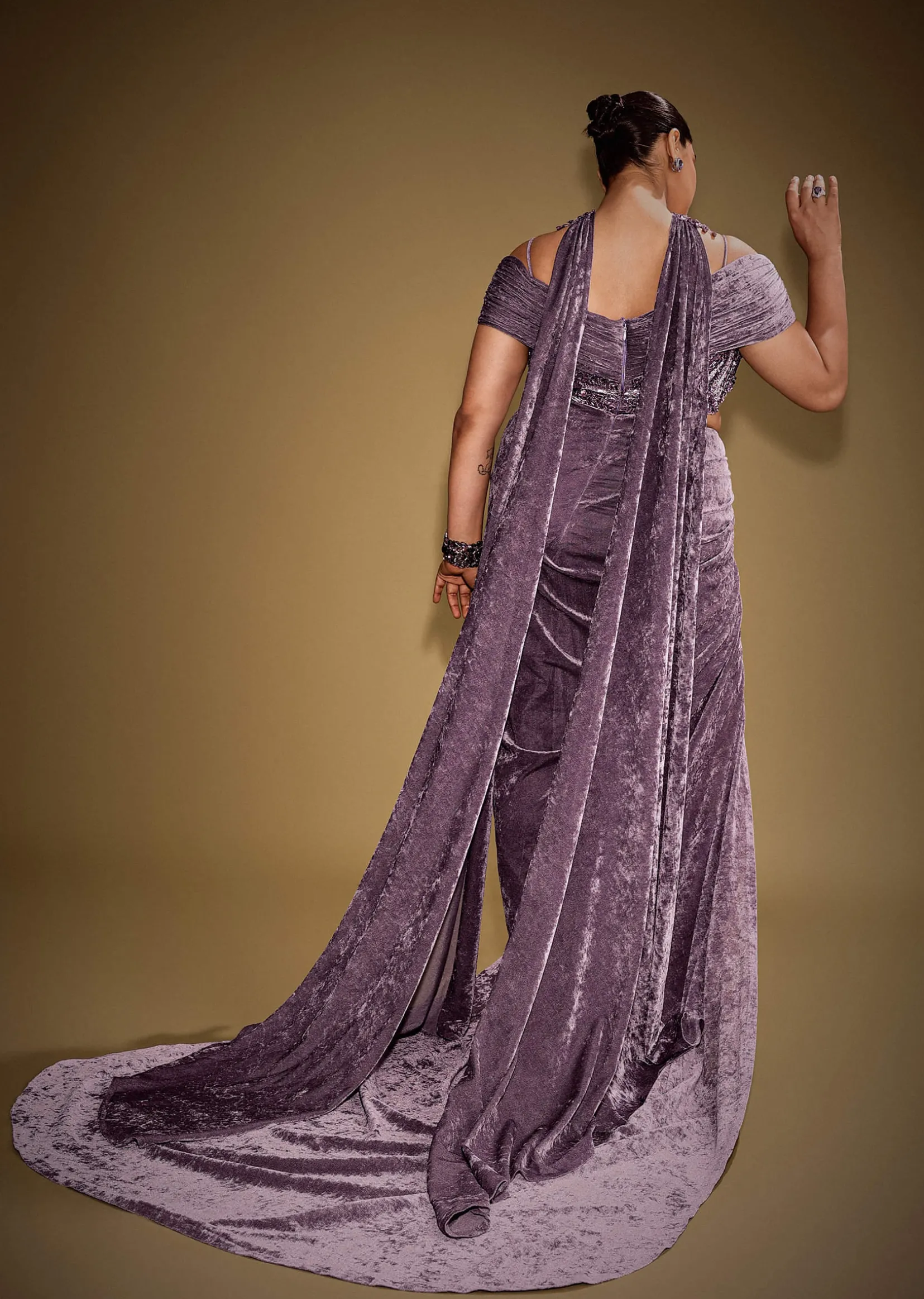 Mauve Off Shoulder Velvet Gown With Keyhole Detail And Embroidered Choker