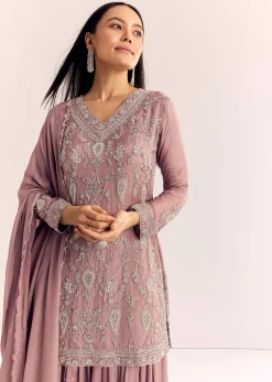 Mauve Pink Chinon Kurta Palazzo Set With Moti Work