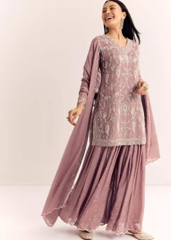 Mauve Pink Chinon Kurta Palazzo Set With Moti Work