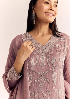 Mauve Pink Chinon Kurta Palazzo Set With Moti Work