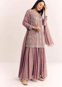 Mauve Pink Chinon Kurta Palazzo Set With Moti Work