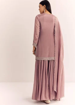 Mauve Pink Chinon Kurta Palazzo Set With Moti Work