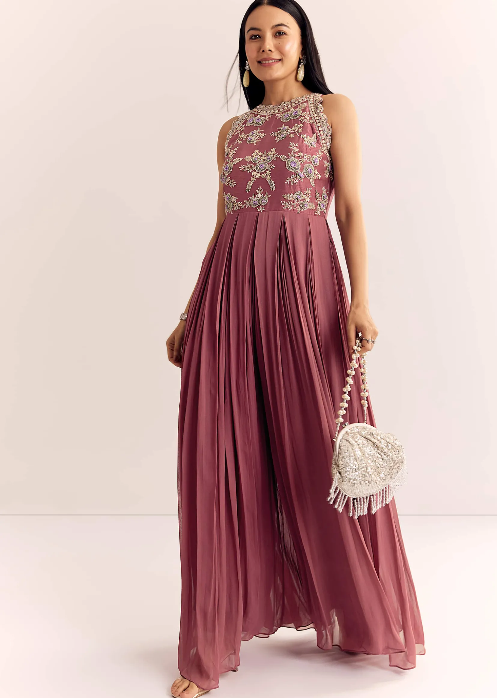 Mauve Pink Georgette Jumpsuit With Cutdana Beads And Threadwork