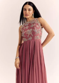 Mauve Pink Georgette Jumpsuit With Cutdana Beads And Threadwork