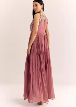 Mauve Pink Georgette Jumpsuit With Cutdana Beads And Threadwork
