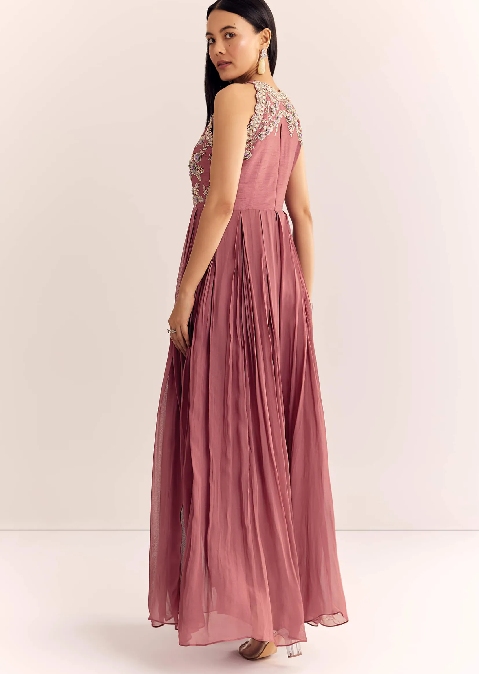 Mauve Pink Georgette Jumpsuit With Cutdana Beads And Threadwork