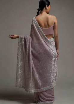 Mauve Pink Half And Half Saree In Crepe With Crushed Sequins Pallu And Unstitched Blouse