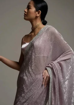 Mauve Pink Half And Half Saree In Crepe With Crushed Sequins Pallu And Unstitched Blouse