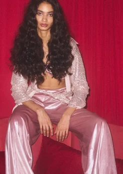 Mauve Pink Palazzo And Bandeau Top In Metallic Velvet With A Long Full Sleeves Rose Gold Sequins Jacket