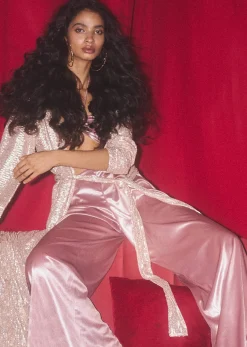 Mauve Pink Palazzo And Bandeau Top In Metallic Velvet With A Long Full Sleeves Rose Gold Sequins Jacket