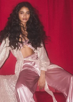 Mauve Pink Palazzo And Bandeau Top In Metallic Velvet With A Long Full Sleeves Rose Gold Sequins Jacket