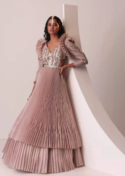Mauve Pink Tiered Embroidered Gown In Organza With Frill Shoulder-Tops