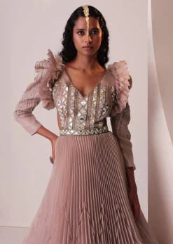 Mauve Pink Tiered Embroidered Gown In Organza With Frill Shoulder-Tops