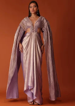 Mauve Purple Embroidered Shimmer Bridesmaid Gown With Fitted Drape