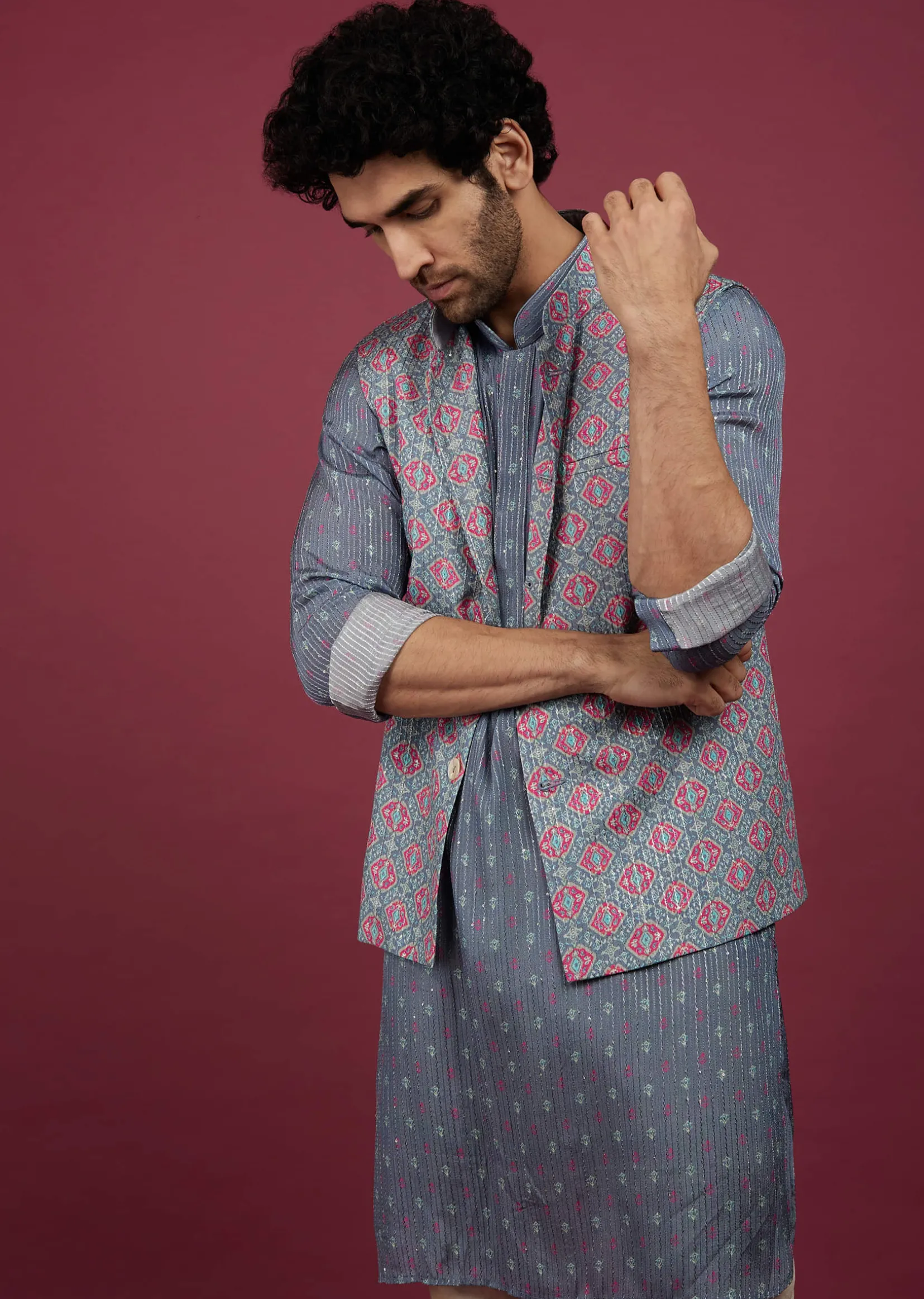 Mauve Purple Silk Printed Bandi And Kurta Set With Zari Work