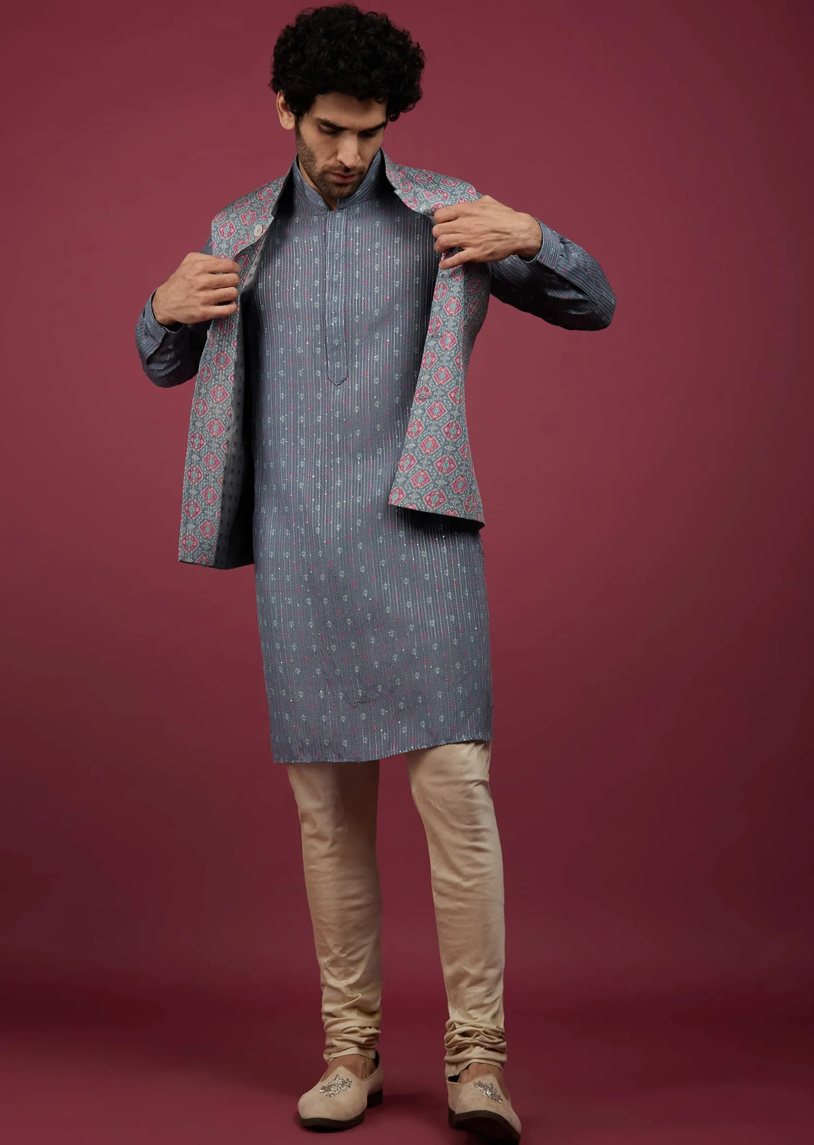 Mauve Purple Silk Printed Bandi And Kurta Set With Zari Work