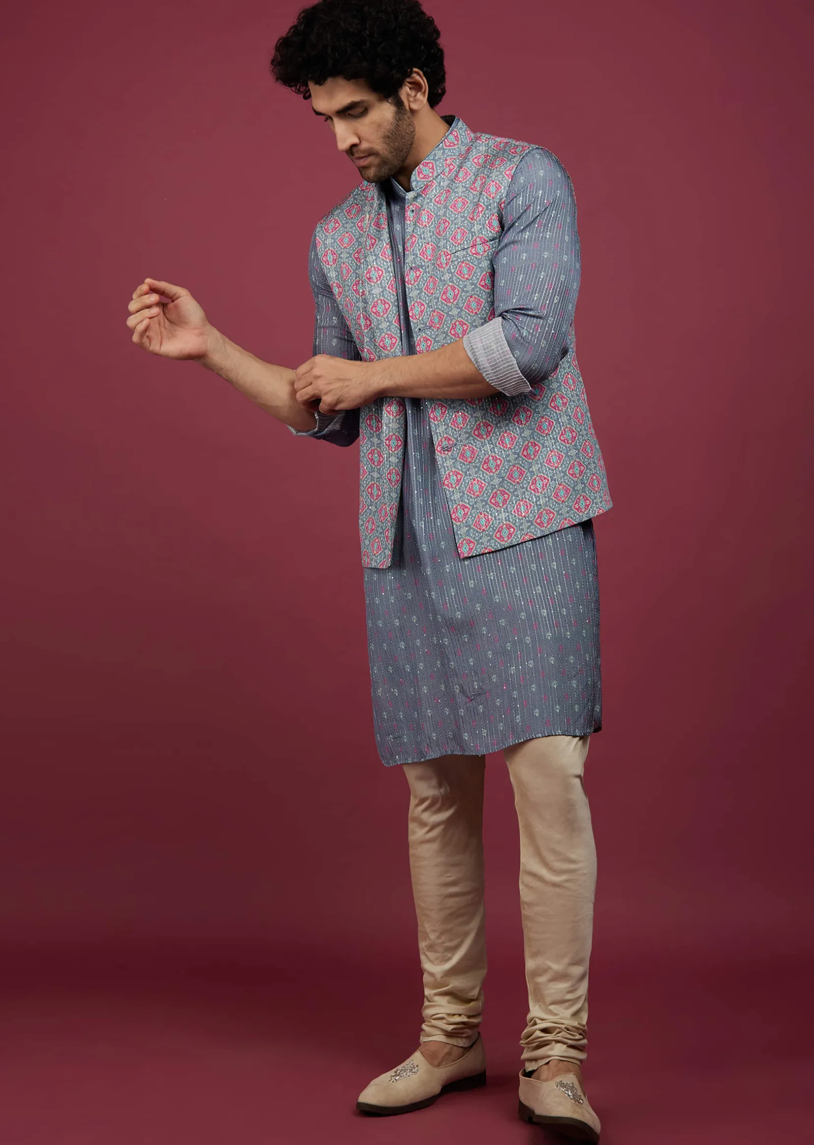 Mauve Purple Silk Printed Bandi And Kurta Set With Zari Work