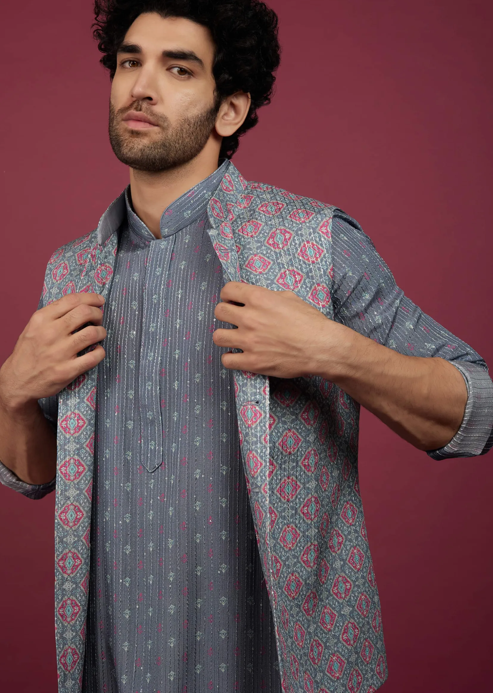 Mauve Purple Silk Printed Bandi And Kurta Set With Zari Work