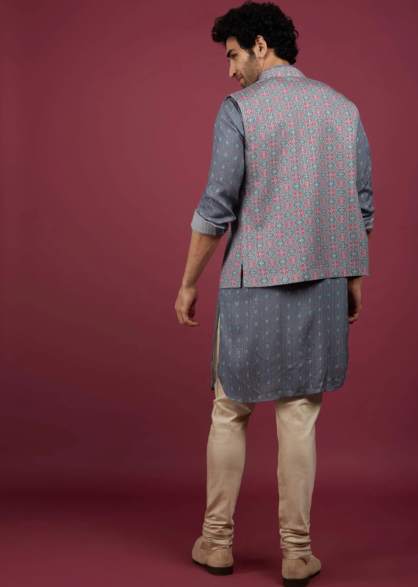 Mauve Purple Silk Printed Bandi And Kurta Set With Zari Work