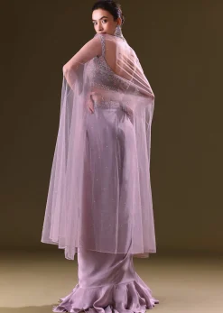 Mauve Ruffled Drape Skirt With Embroidered Blouse And Net Cape