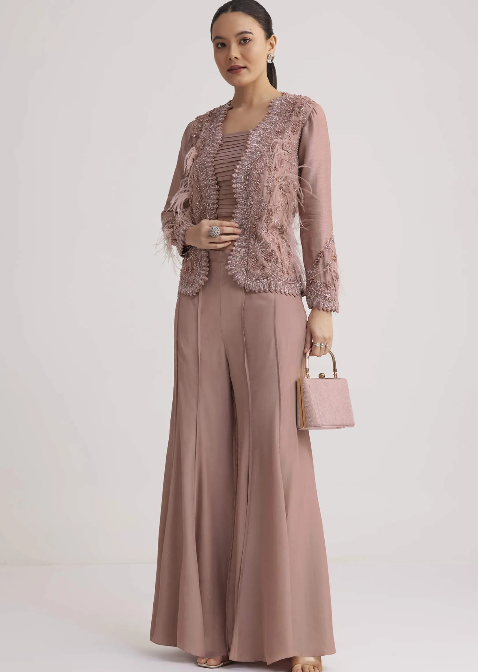 Mauve Satin Palazzo Set With Embellished Jacket