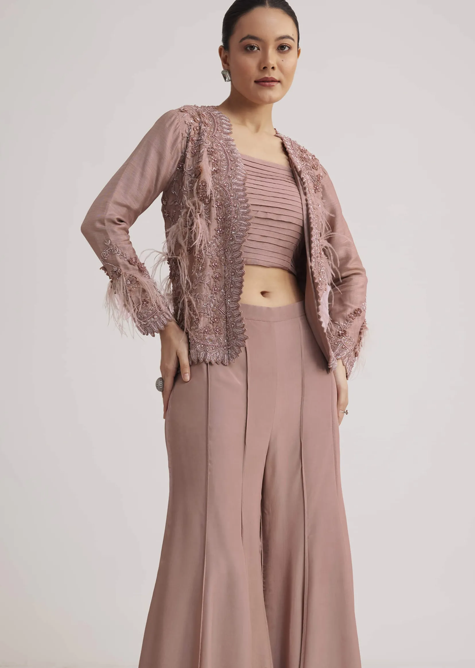 Mauve Satin Palazzo Set With Embellished Jacket