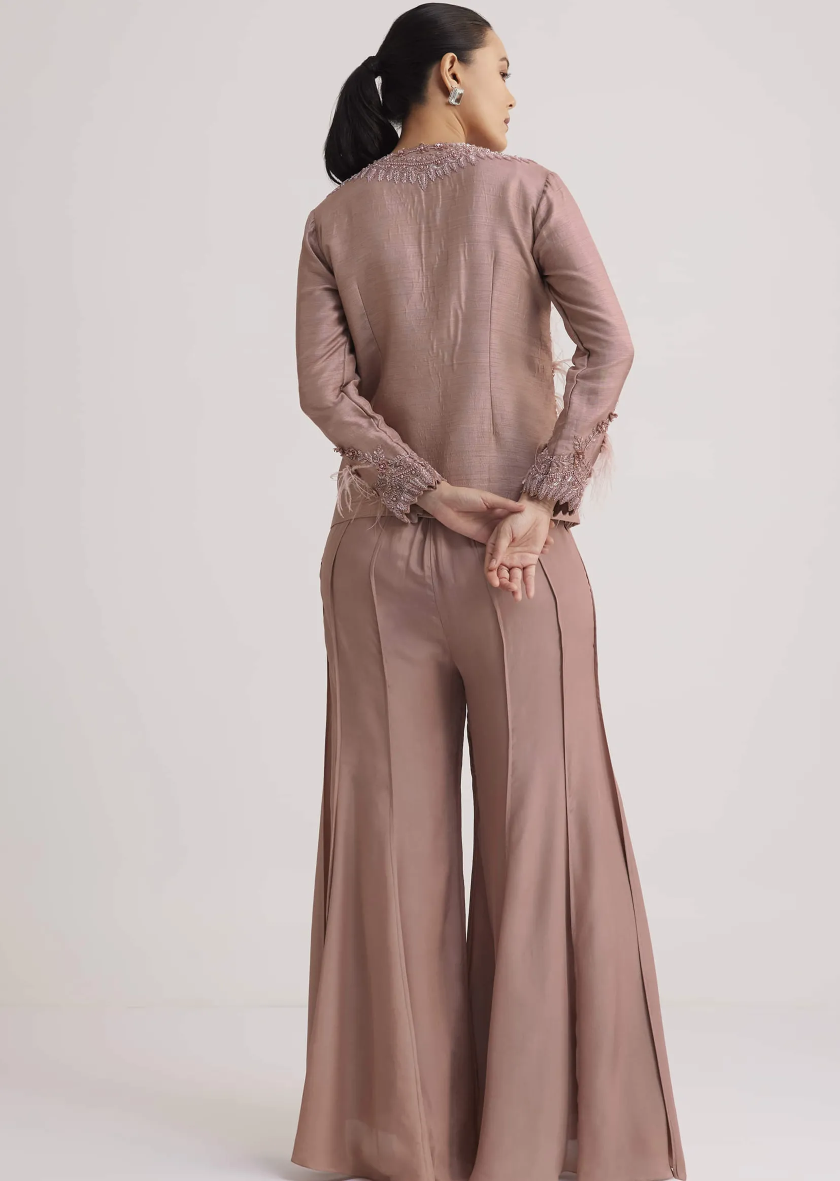 Mauve Satin Palazzo Set With Embellished Jacket