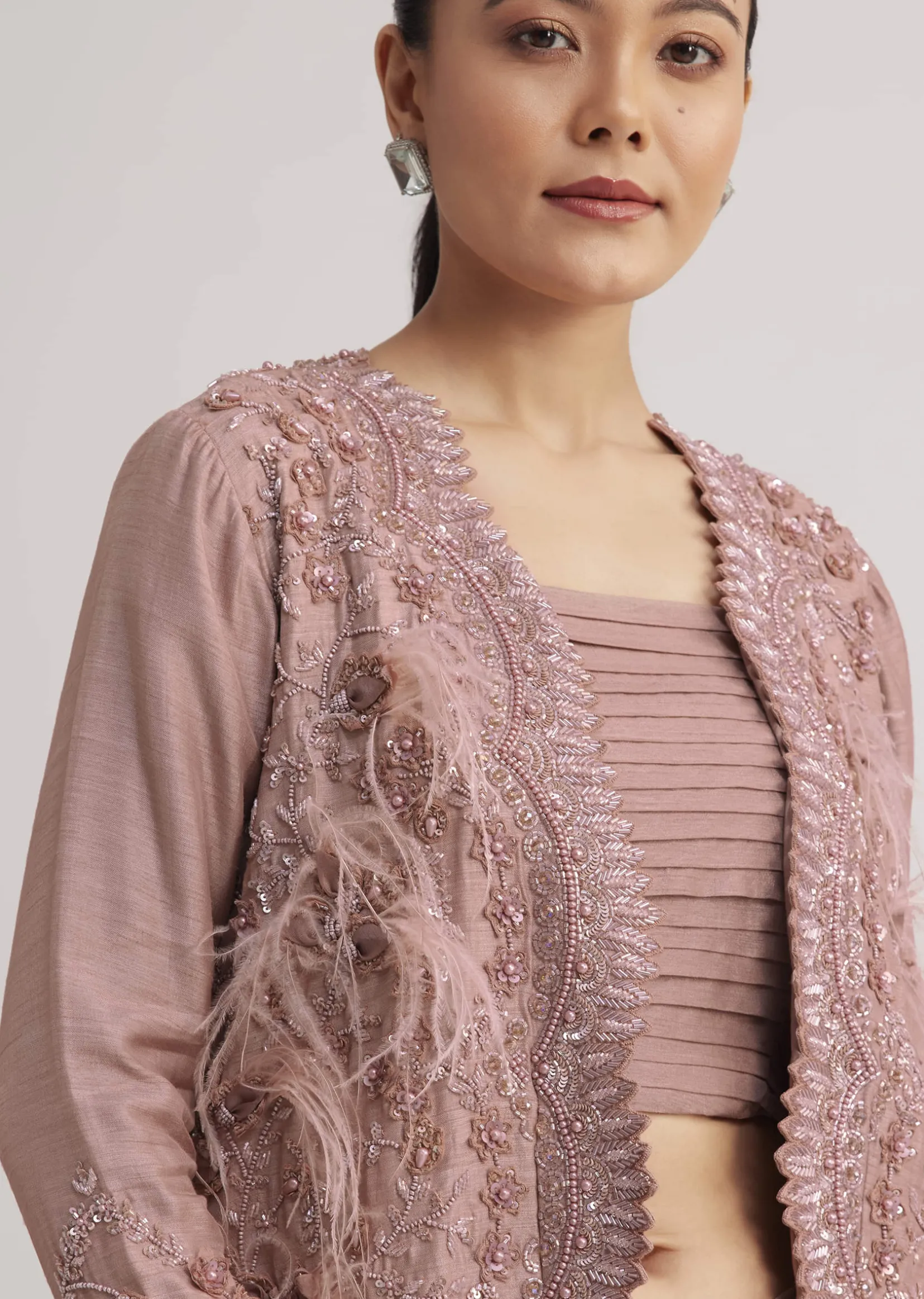 Mauve Satin Palazzo Set With Embellished Jacket