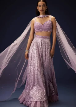 Mauve Sequence Double Layer Skirt Dupatta Set With Hand Embroidered Blouse
