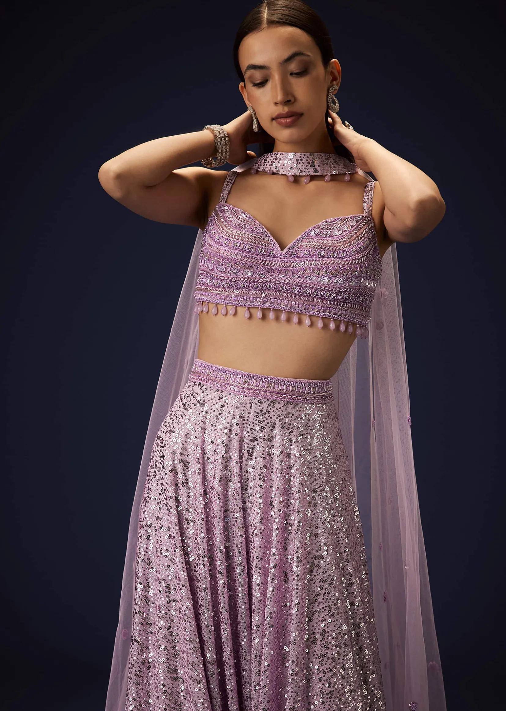 Mauve Sequence Double Layer Skirt Dupatta Set With Hand Embroidered Blouse
