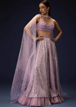 Mauve Sequence Double Layer Skirt Dupatta Set With Hand Embroidered Blouse
